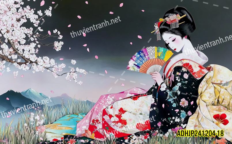 Tranh dán tường hoa cô gái Geisha Nhật Bản-ADHJP241204-18 - Tranh tường chất lượng cao
